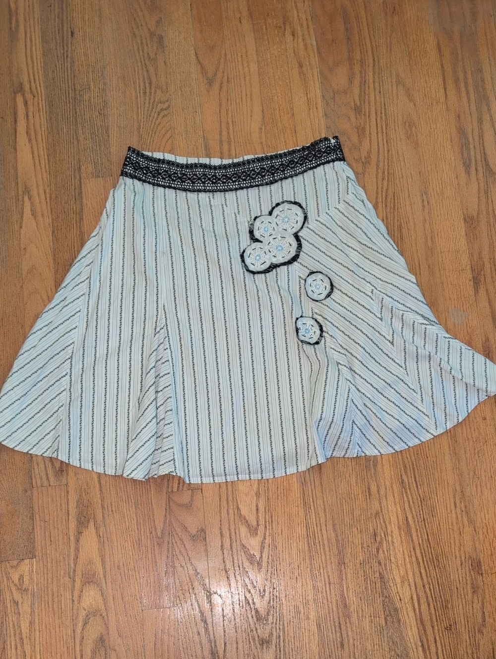 Free People Light Blue & Black Striped Circle Skirt with Floral Appliqués